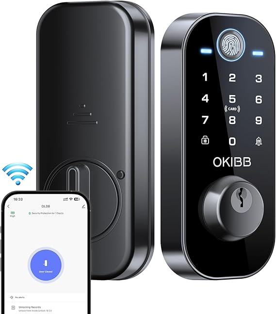 OKIBB Keyless Entry Door Lock – Smart Wi-Fi Deadbolt with Fingerprint, Passcode & App Control, Built-in Doorbell, Auto Lock, Black