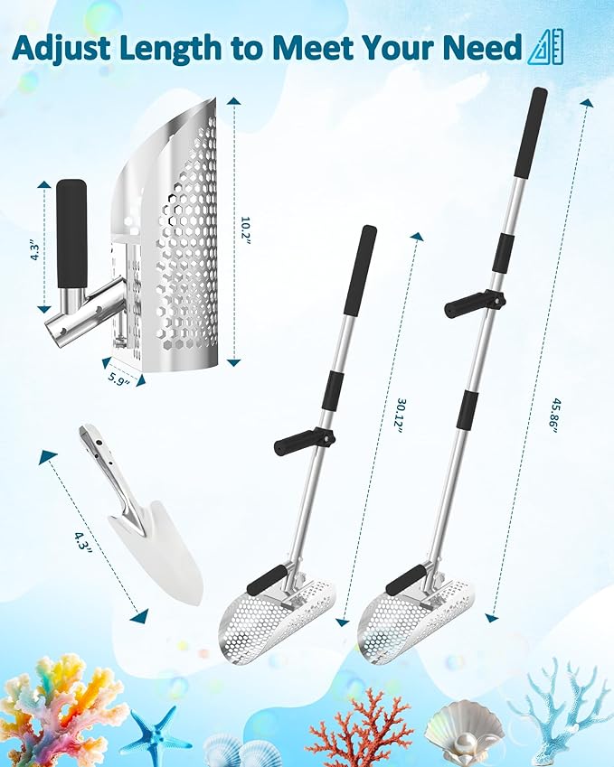 Stainless Steel Sand Scoop for Metal Detecting – Long Handle Beach Shovel & Sand Sifter