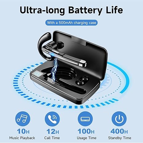Bluetooth Headset V5.3, 100 Hrs Talk Time Single-Ear Earphone, CVC8.0 Noise Cancelling Wireless Earbud with 500 mAh Charging Case, Hands-Free Earpiece