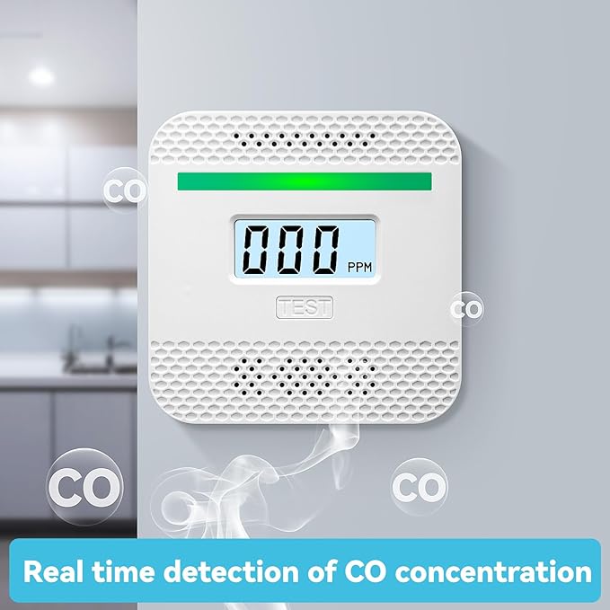 Portable CO Detector: Digital Display, Battery Alarm.