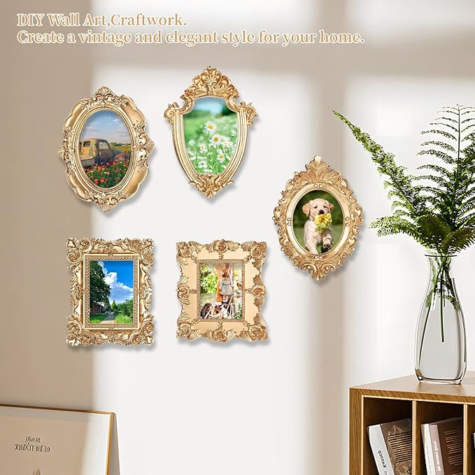 Mini Vintage Gold Picture Frames Set of 5 Small Resin Frames.