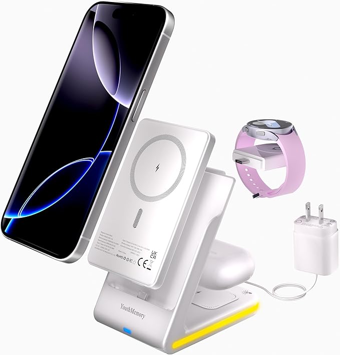 Wireless Charger 5-in-1 Magnetic Charging Station with Portable Power Bank – Compatible with Apple & Samsung Devices, iPhone 16–12 Pro Max, Apple WatcMulti-Devich 2–10, Galaxy S25–S8, AirPods, Multi-Device Stand