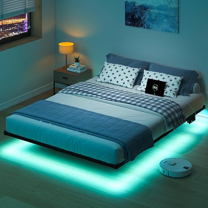 Floating Full Bed Frame with LED Lights & Charging Station – 8" Platform Bed Frame, No Box Spring Needed, Easy Assembly, Modern Floating Design