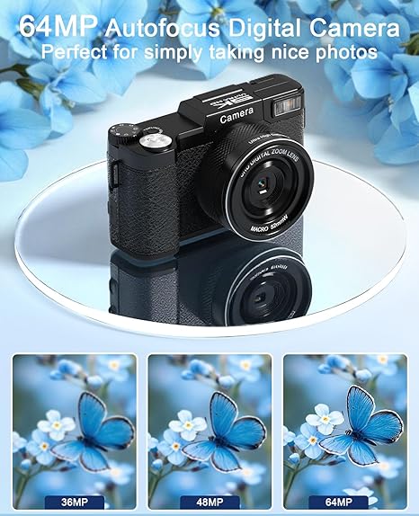 Digital Camera with WiFi 5K 64MP, 180° Flip Screen, 18X Zoom, Autofocus Vlogging Camera with 64GB Card, Wide & Macro Lens, 2 Batteries, Card Reader