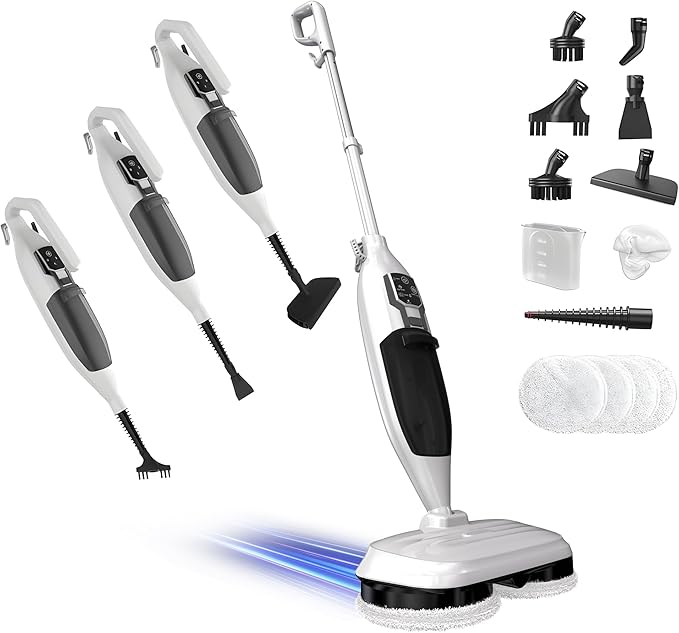 Steam Mop with 13 Accessories – 1300W Spin Floor Scrubber & Steam Cleaner for Hard Floors, 4 Washable Mop Pads, 550ml Tank, Quick 30-Second Heat-Up (White)