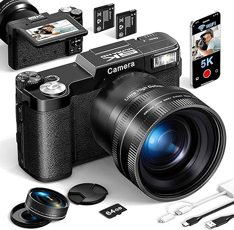 Digital Camera with WiFi 5K 64MP, 180° Flip Screen, 18X Zoom, Autofocus Vlogging Camera with 64GB Card, Wide & Macro Lens, 2 Batteries, Card Reader