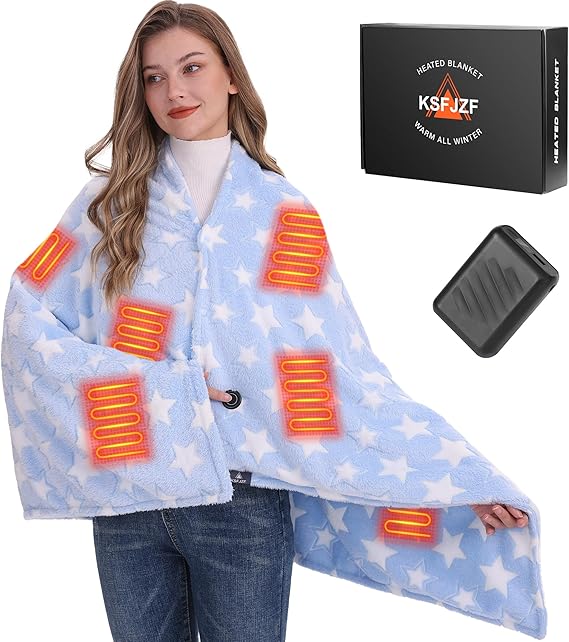 Portable Heated Blanket, Cordless Electric Throw with 3 Heat Settings and Rechargeable Power Bank (Blue)