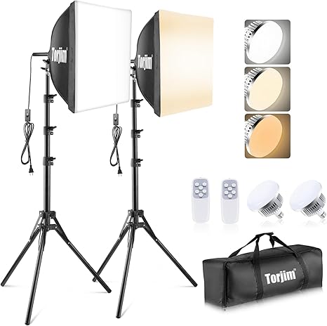 Torjim Softbox Photography Lighting Kit, 16'' x 16'' Professional Softbox Lighting Kit with 85W 3000-7500K LED Bulbs, Studio Lights for Photography/Video Recording/Live