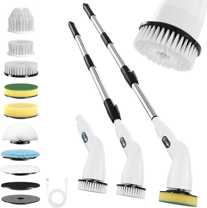 Electric Spin Scrubber - Household Cleaning Brush with 8 Heads, 51.2in Extendable Pole Bathroom Scrubber