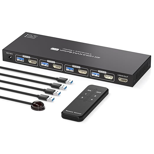 USB3.0 HDMI KVM Switch 4 Computers EDID 4K60Hz 4 Port KVM for 4 PC Sharing 1 Monitor and 4 USB 3.0 Devices with