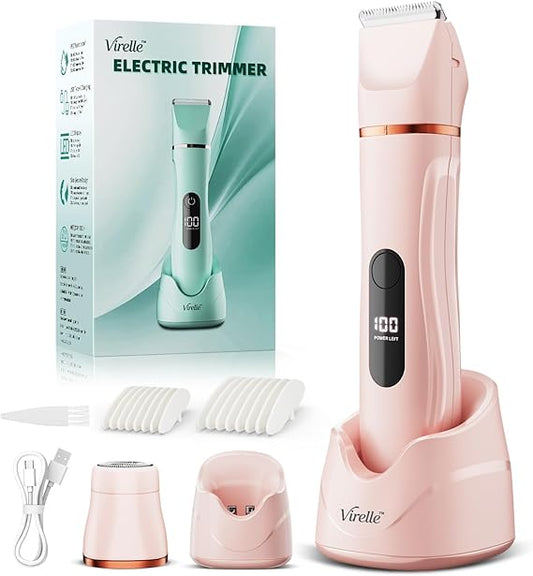 Bikini Trimmer for Women – Cordless Electric Body & Facial Shaver, IPX7 Waterproof, Ceramic Blade, USB Charging Dock, Replaceable Heads, Pink