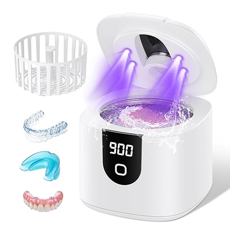45kHz Ultrasonic Retainer Denture Cleaner Machine with 200ML Pod, Fast Cleaning for Aligners, Mouth Guards, Braces, Toothbrush Heads & Jewelry, 4 Modes Digital Timer