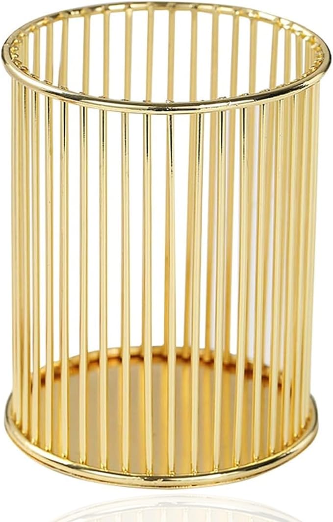 Gold Metal Pen Holder for Desk - Heavy Duty Makeup Brush Organizer Cup