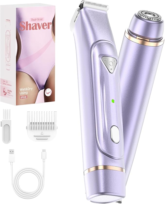 Bikini Trimmer for Women, Waterproof Electric Dual Head Bikini Shaver with Precision Blades, Purple