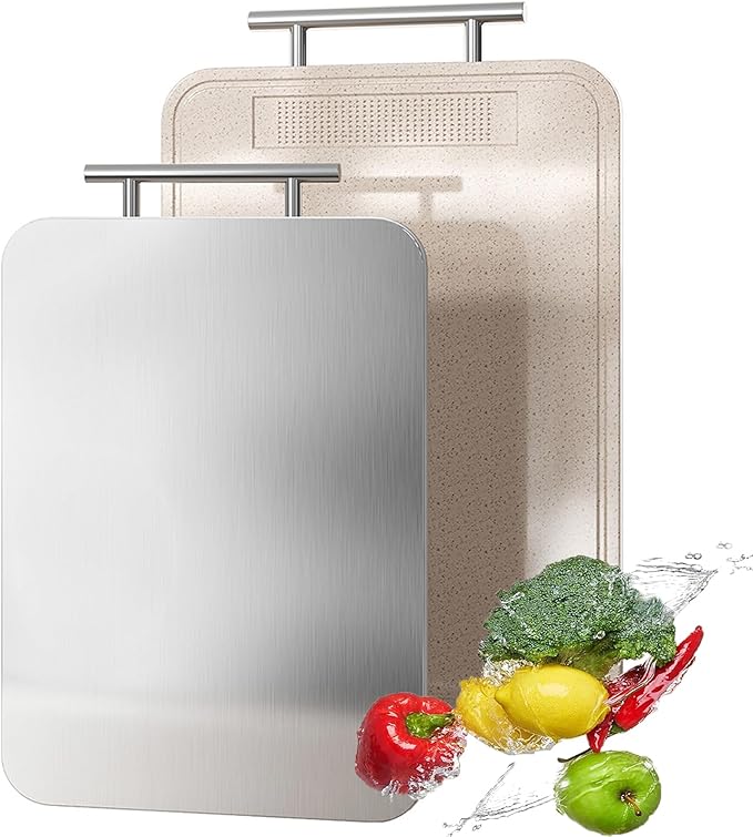2-in-1 Double-Sided Cutting Board – Titanium & Wheat Straw, Odor-Resistant, Juice Groove & Garlic Mincer, Kitchen Prep Board for Meat, Veggies, Fruits