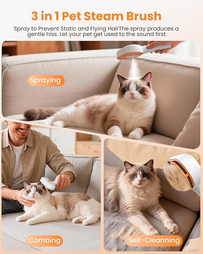 3-in-1 Cat Brush with Waterless Shampoo and Spray Mist, Self-Cleaning Pet Grooming Brush for Shedding and Massage, Gentle Deshedding Tool for Cats and Dogs with Cool Mist and Refillable Tank  Description: