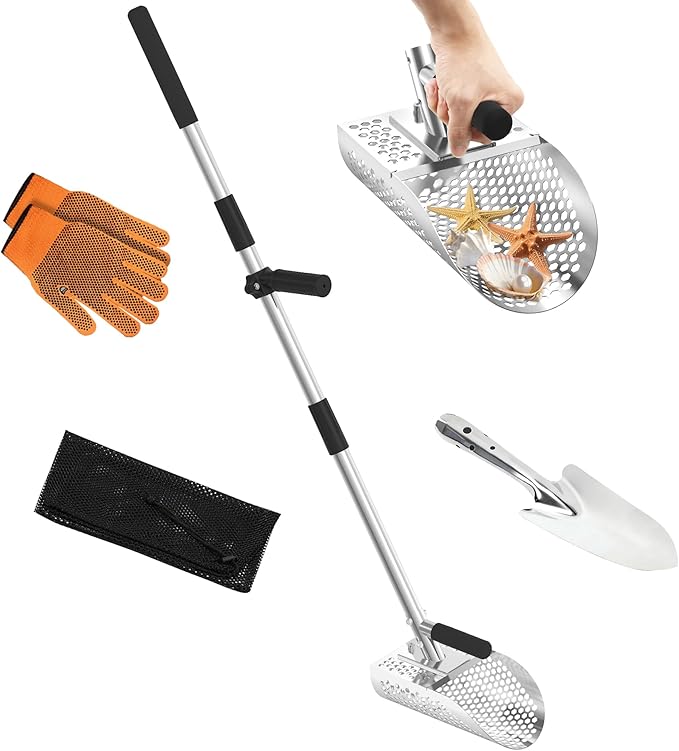 Stainless Steel Sand Scoop for Metal Detecting – Long Handle Beach Shovel & Sand Sifter