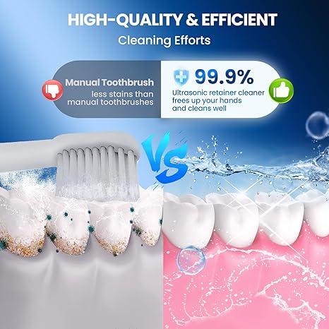 45kHz Ultrasonic Retainer Denture Cleaner Machine with 200ML Pod, Fast Cleaning for Aligners, Mouth Guards, Braces, Toothbrush Heads & Jewelry, 4 Modes Digital Timer
