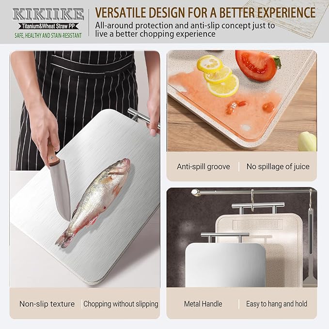 2-in-1 Double-Sided Cutting Board – Titanium & Wheat Straw, Odor-Resistant, Juice Groove & Garlic Mincer, Kitchen Prep Board for Meat, Veggies, Fruits