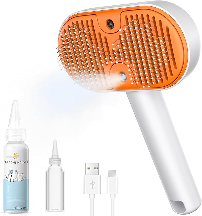 3-in-1 Cat Brush with Waterless Shampoo and Spray Mist, Self-Cleaning Pet Grooming Brush for Shedding and Massage, Gentle Deshedding Tool for Cats and Dogs with Cool Mist and Refillable Tank  Description: