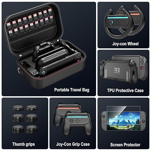 Switch 2 Accessories Bundle: Case, Screen Film, Wheels, Grips