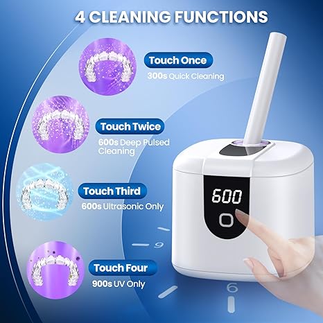 45kHz Ultrasonic Retainer Denture Cleaner Machine with 200ML Pod, Fast Cleaning for Aligners, Mouth Guards, Braces, Toothbrush Heads & Jewelry, 4 Modes Digital Timer