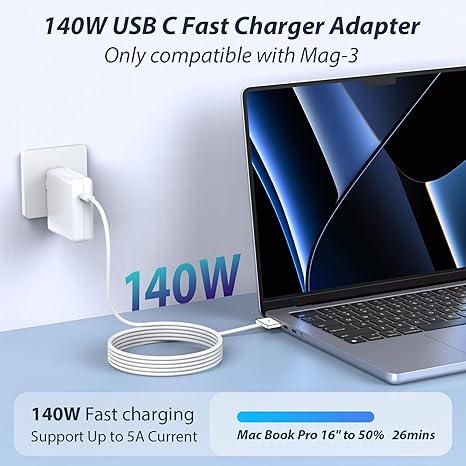 140W MacBook Fast Charger with 6.6FT USB-C to Magnetic 3 Cable, Compatible with MacBook Pro 14"/16" and MacBook Air 13"/15"