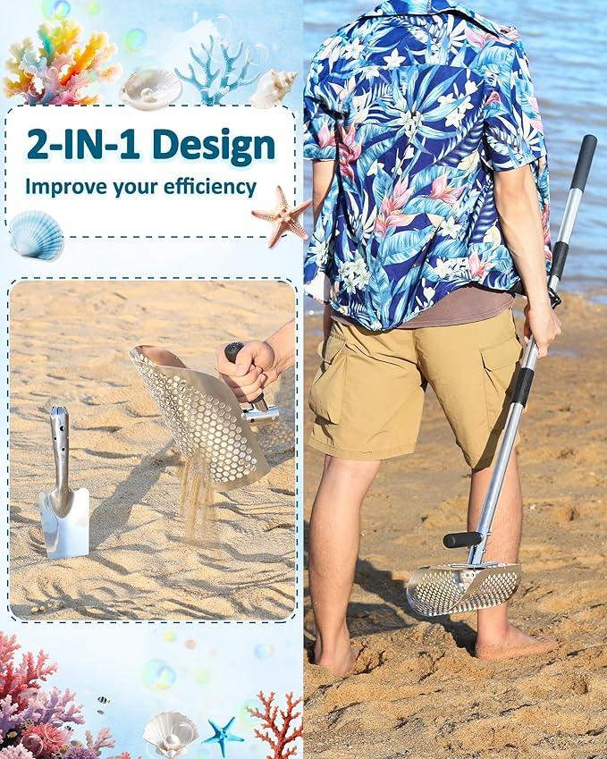 Stainless Steel Sand Scoop for Metal Detecting – Long Handle Beach Shovel & Sand Sifter