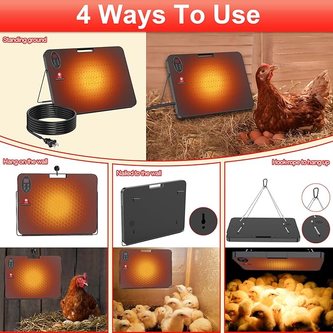 2025 Upgraded Thermostatic Chicken Coop Heater, 200W Energy-Saving Radiant Heating Plate with Adjustable Temperature & Timer, 4 Installation Methods, Remote Control for Pets and Small Animals