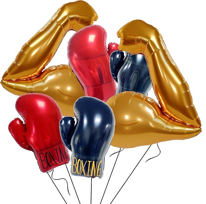 6-Pcs Boxing Party Decorations – Gold Muscle & Red Inflatable Boxing Glove Balloons, Fight Night, Gym, Fitness, Wrestle & Birthday Party Decor