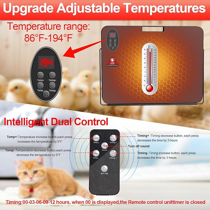 2025 Upgraded Thermostatic Chicken Coop Heater, 200W Energy-Saving Radiant Heating Plate with Adjustable Temperature & Timer, 4 Installation Methods, Remote Control for Pets and Small Animals