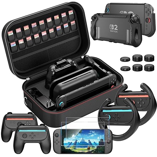 Switch 2 Accessories Bundle: Case, Screen Film, Wheels, Grips